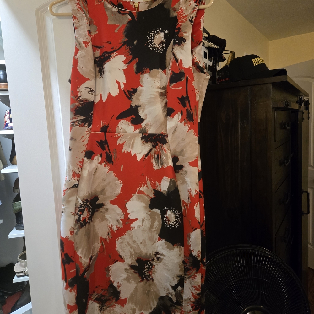 Calvin Klein Red and Black Floral Midi Dress
